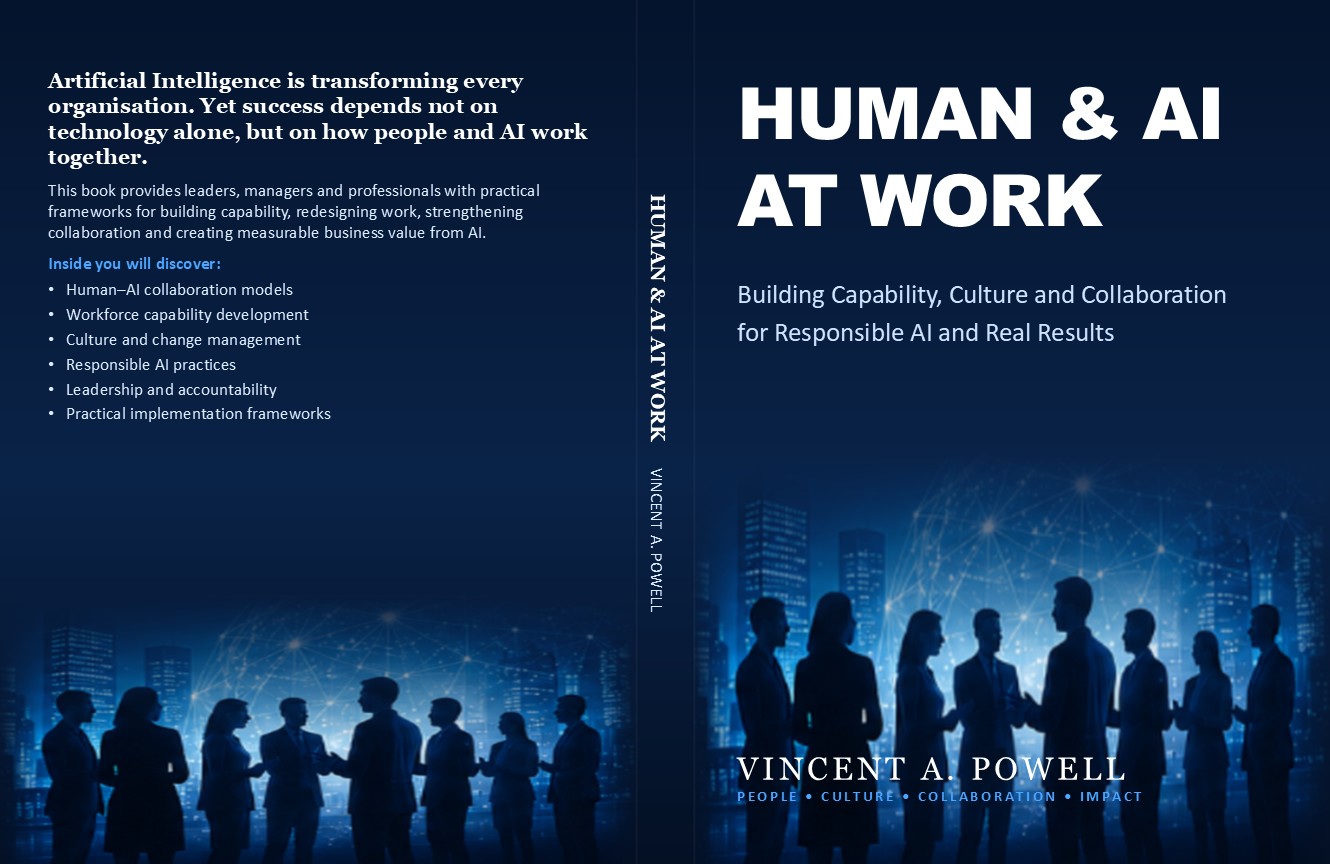 Full wraparound cover for Human and AI at Work by Vincent A. Powell